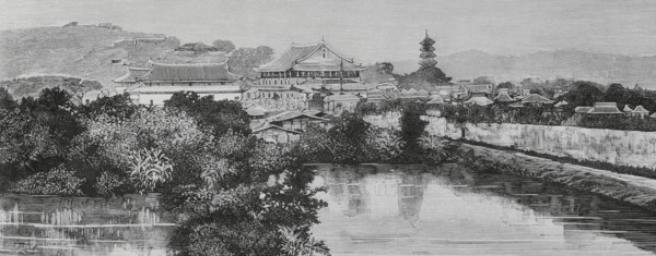 Fuzhou, Fujian province, China. View of the city wall and the landscape around the south gate.