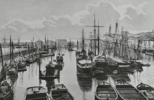 History of Spain. Gijon, Asturias. View of the port. Engraving by Bernardo Rico (1825-1894). The