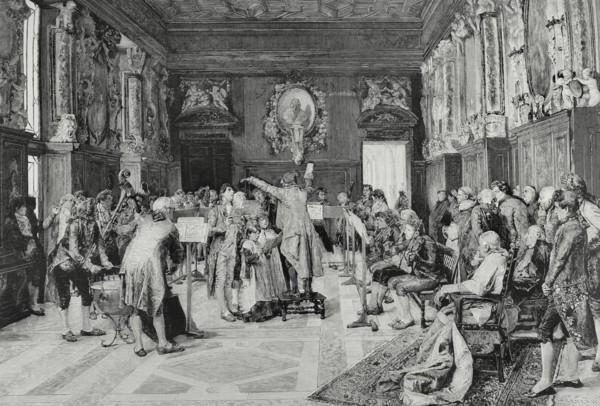Rehearsal of an antiphon for full orchestra. Engraving by Severini after a painting by the Spanish
