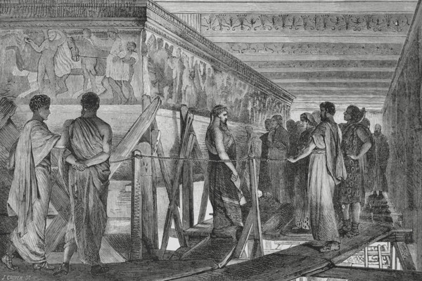 Phidias (490-425 BC). Sculptor of Ancient Greece. Phidias showing the frieze of the Parthenon to