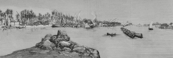 Aswan, Egypt. Entrance to the first cataract of the Nile river. Engraving by Bernardo Rico