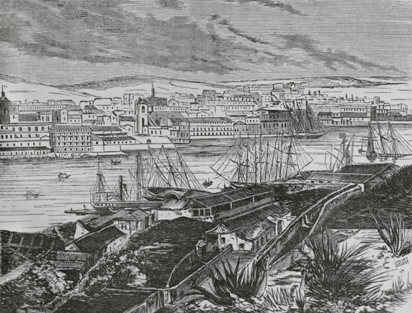 Havana, Cuba. View from Casablanca. Engraving by Soriano. Cronica General de Espana, Historia