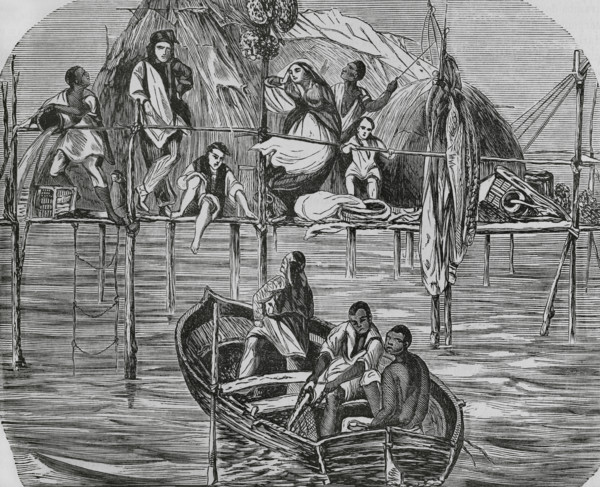 History of Cuba. Sponge fishermen's dwellings in Nuevitas Bay, Camaguey province. Engraving.