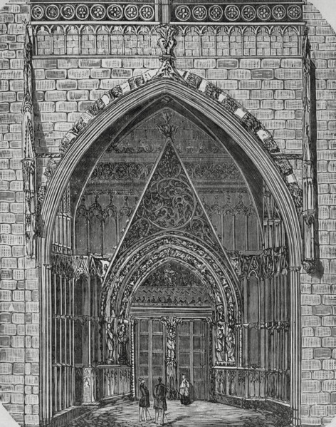 Palma, Mallorca, Balearic Islands, Spain. Cathedral. Mirador portal. Engraving. Cronica General de