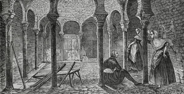 Palma, Mallorca, Balearic Islands, Spain. Arab Baths. Central room. Engraving by Traver. Cronica