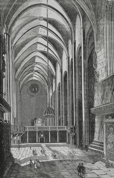 Palma, Mallorca, Balearic Islands, Spain. Cathedral. Interior view. Engraving. Cronica General de