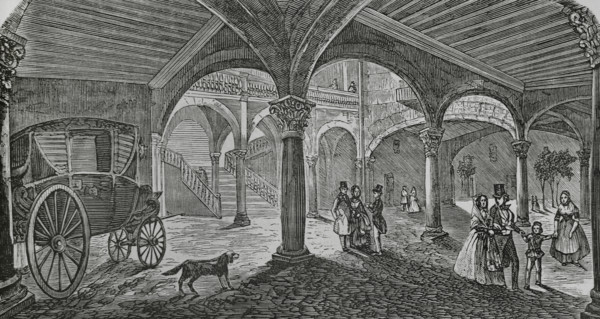 Palma, Mallorca, Balearic Islands, Spain. Courtyard of Can Vivot. Engraving. Cronica General de