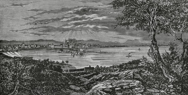 Palma, Mallorca, Balearic Islands, Spain. Panoramic view of the city. Engraving. Cronica General de