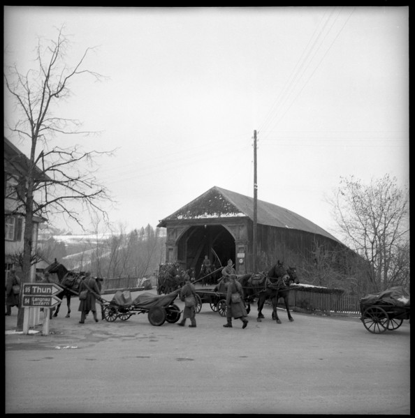 Horse-drawn cart; Roofed wooden bridge, Hasle-Ruegsau; 1955.