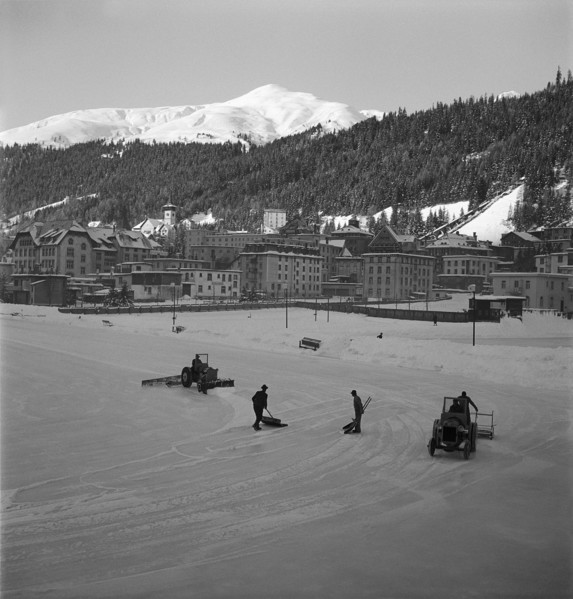 Davos, ice rink being prepared; 1949.