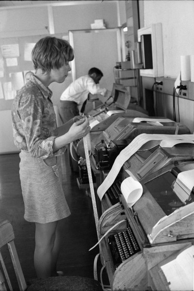 UPI office, telexist at telex terminal, 1970.