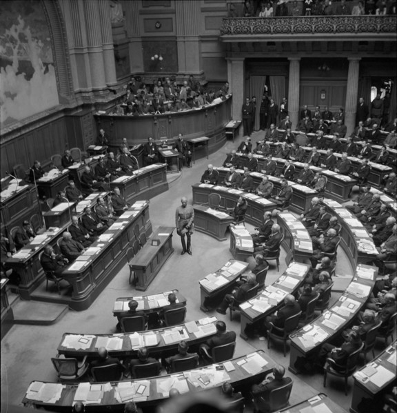 Parliament accepting the generals resignation, Berne 1945.