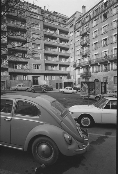 Geneva: billboard and parked cars, Rue Henri  Mussard; 1966.