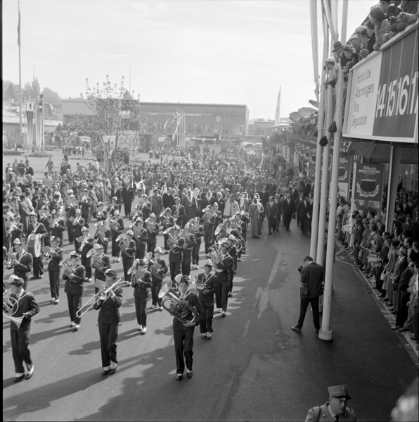 Brass band in honour of King Saud visiting the Comptoir Suisse in Lausanne, 1957.