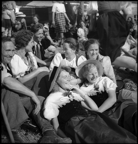 Young women at mountain festival in Switzerland, 1940.