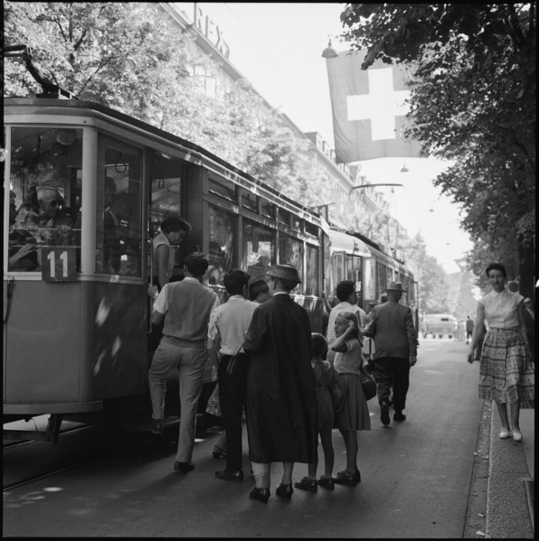 Tram stop at Bahnhofstrasse Zurich 1958.