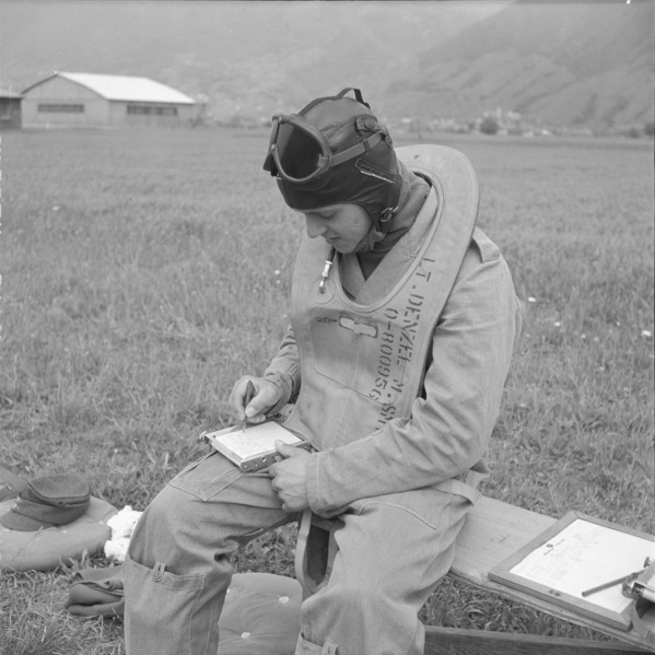 Trainee pilot with notepad, flying school Magadino 1955.