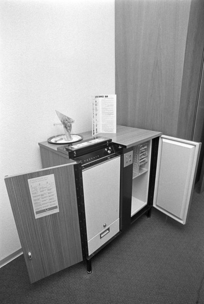 Mini bar and safe in the Hotel Hilton in Zurich Kloten, 1971.
