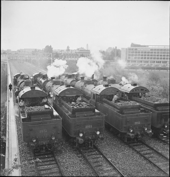 Steam locomotives on railway bridge, Berne 1939.