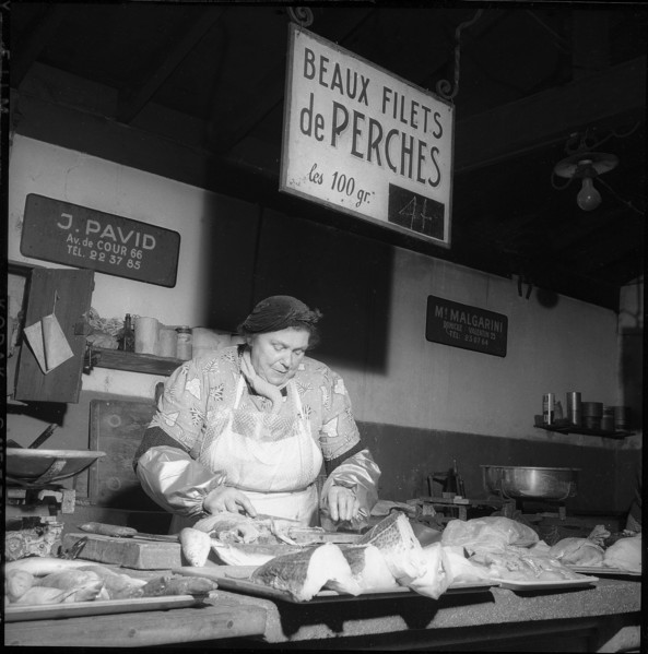 Fishmonger's stall at Rue Centrale in Lausanne 1957.