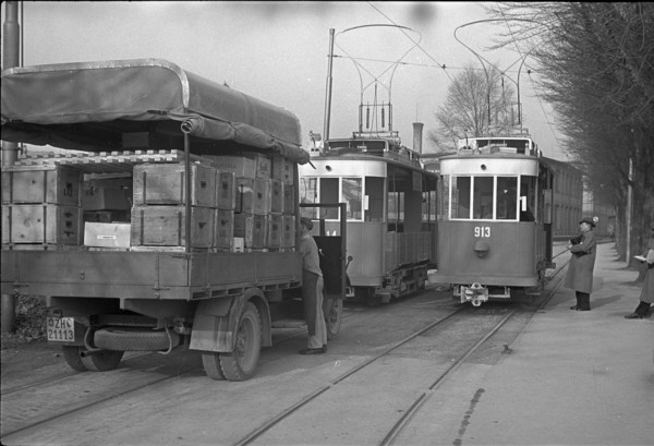 Goods transport for LVZ by tram in Zurich, Petrol, gas penury in Switzerland 1941.