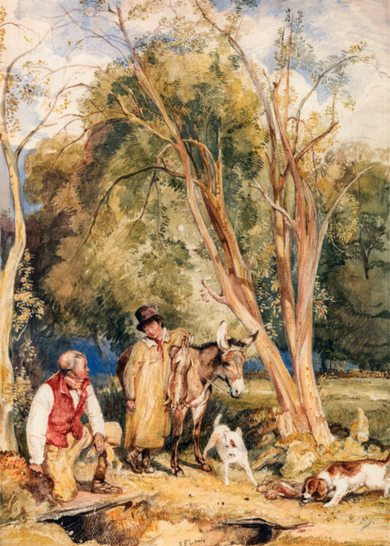 Gamekeeper and boy catching a rabbit