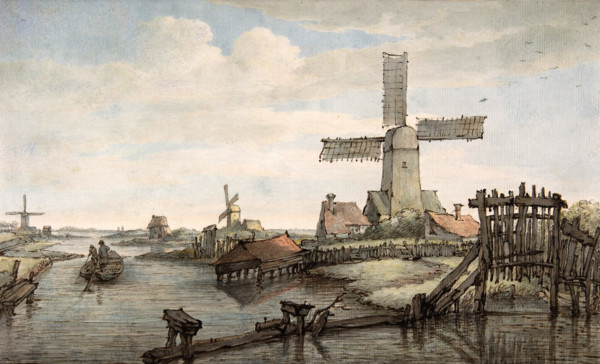 View of a canal with three windmills
