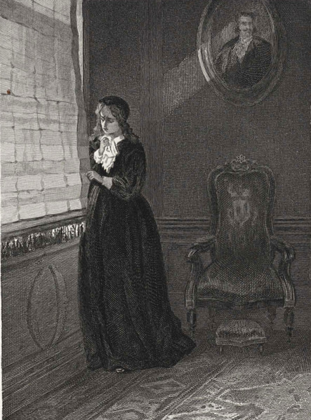Weeping woman looking through a gap in the curtain