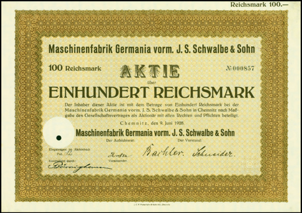 Share of 100 Reichsmarks of the Maschinenfabrik Germania