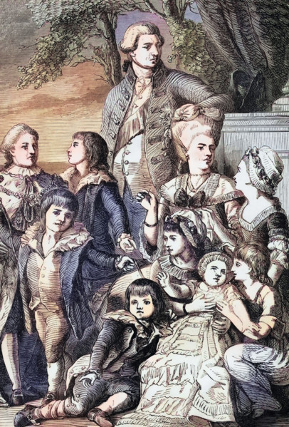 King George III and Queen Charlotte and their children in 1776. England. digital reproduction of a