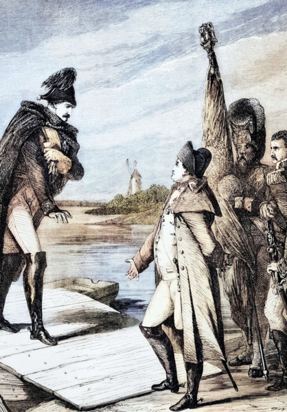 Napoleon I of France and Tsar Alexander I of Russia meet on July 7. 1807. on a raft in the middle