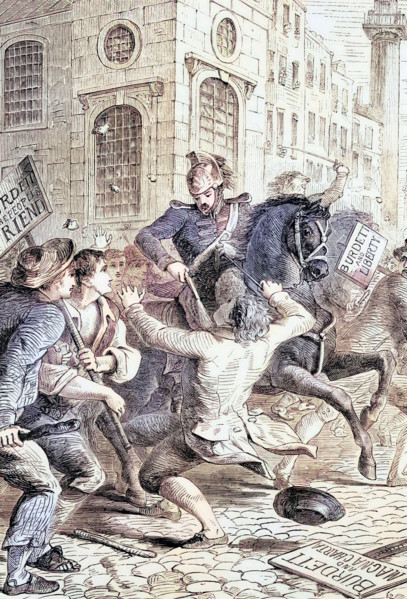 Riots following the arrest of Francis Burdett in 1810 for breach of parliamentary immunity. when he
