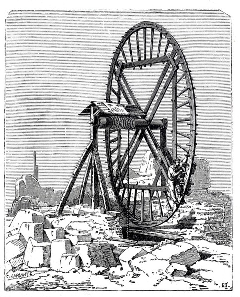 Lifting loads in quarries by a wheel.