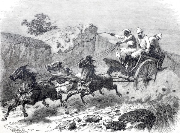 An express mail coach in the East Indies in 1870 at full speed.