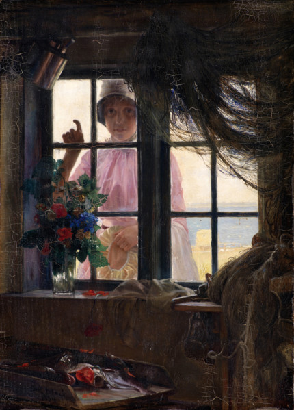 During bathing time. A young girl knocks on the window of a fisherman's house