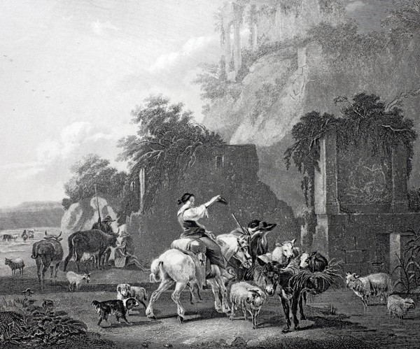 Rural scene with a peasant woman on horseback.