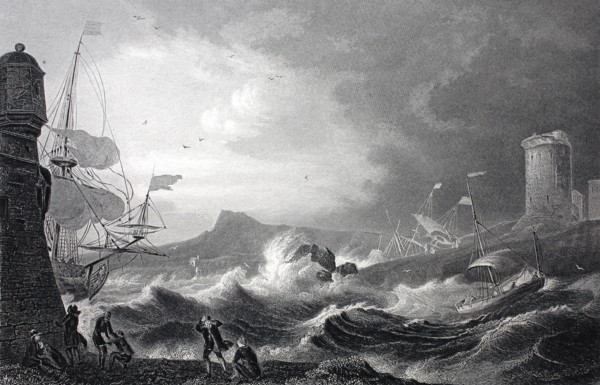 Harbor entrance in stormy sea.
