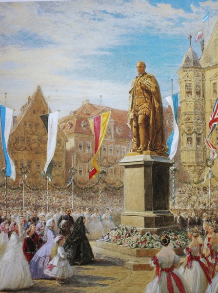 Queen Victoria laying a wreath before the statue of the Prince Consort. 26 August 1845. Coburg.