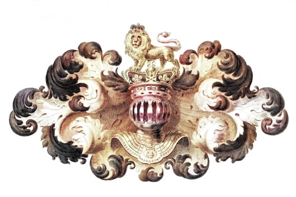Helmet. coat of arms and cloak or lambrequin of the British sovereign. 1820. England. Historical.