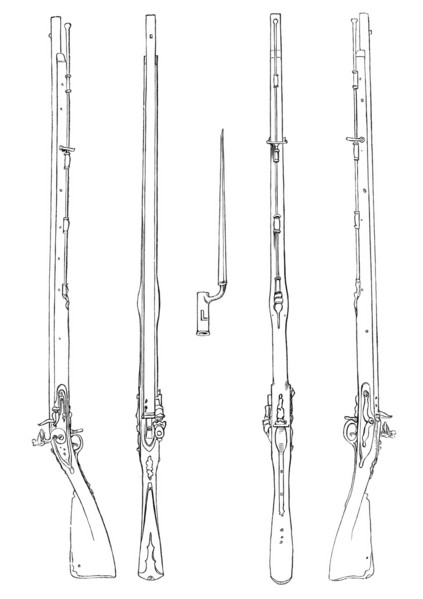 Weapons. muskets with plug bayonet. from the book The British Army. 1868. Historical. digitally