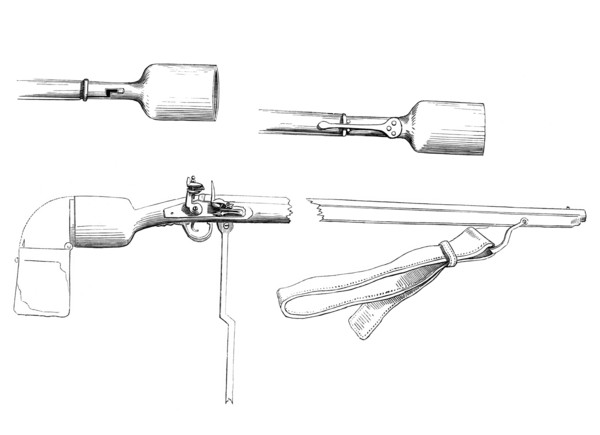 Fusiliers with grenade locks. flintlock rifle. firearms of the 17th-19th centuries. from the book
