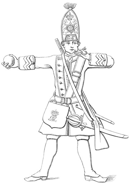 grenadier of His Majesty's 1st Regiment of Foot. 1745. England. from the book The British Army.