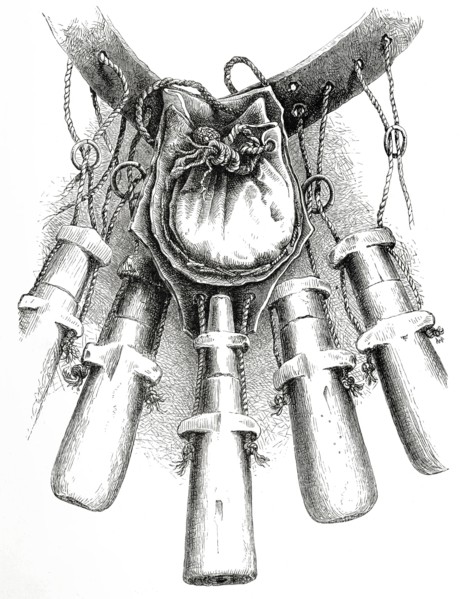 18th-century weapon technology. bandoleers showing the arrangement of the cords. rings. bullet