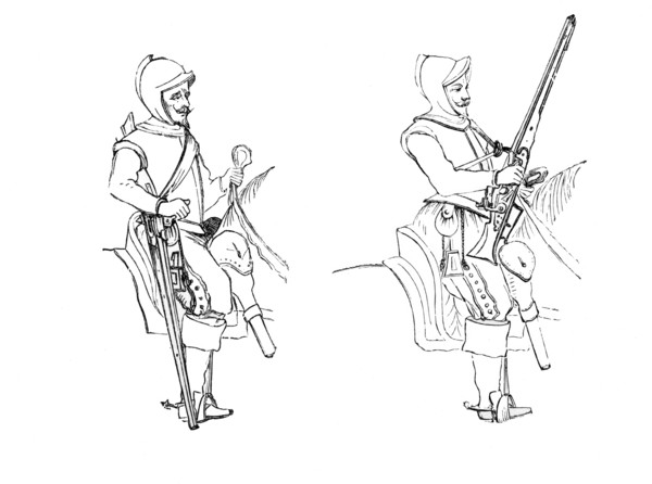 The marching stance of the arquebusier riders. Harquebusiers with snap-hance carbines. dated 1632.