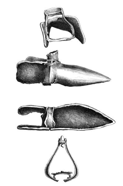 Stirrup and iron shoe. also soleret. armored shoe. Bärlatsch. 14th century. from the book The