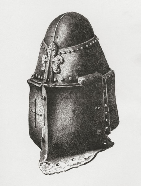 Helmet circa 1350. similar to that of the Black Prince in Canterbury Cathedral. but with the Piéce