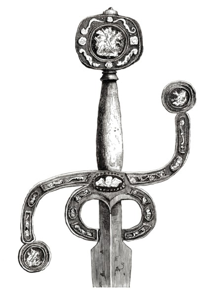 An English sword. circa 1580. with a very rare flat pommel and curved S-shaped grip. inlaid with