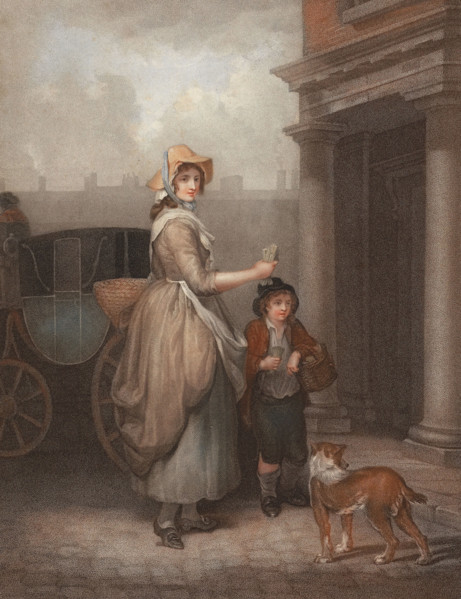 Young woman selling matches. traveling from door to door with her boy and a dog. matches. England.