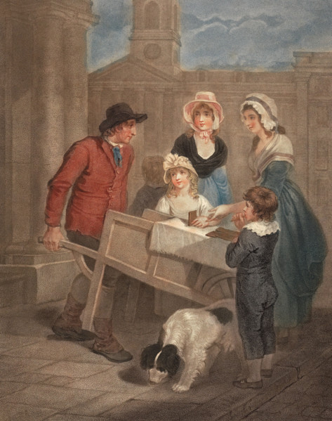 Hot gingerbread is sold by a baker directly from his cart. Two women and two children sample the