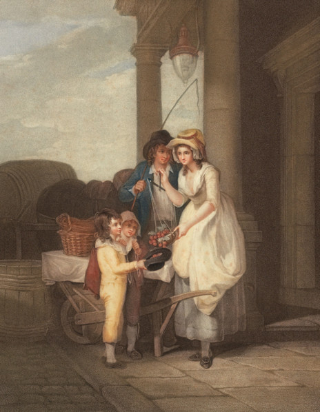 Young woman selling fresh cherries to children and a coachman. fruit seller. market. England.
